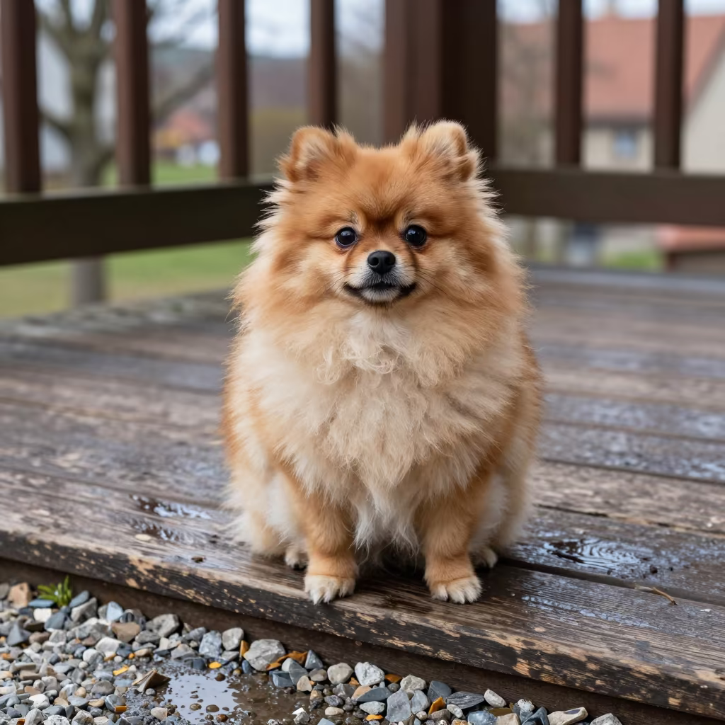 Pomeranian Portrait on Shaded Nuremberg Porch in on a shaded front porch with boards, railings, and eye-level framing in Nuremberg