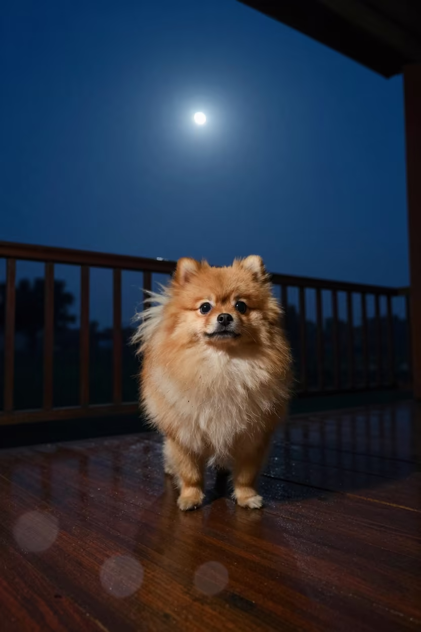 Pomeranian Portrait on Sialkot Porch Under Moonlight in on a shaded front porch with boards, railings, and eye-level framing near Sialkot