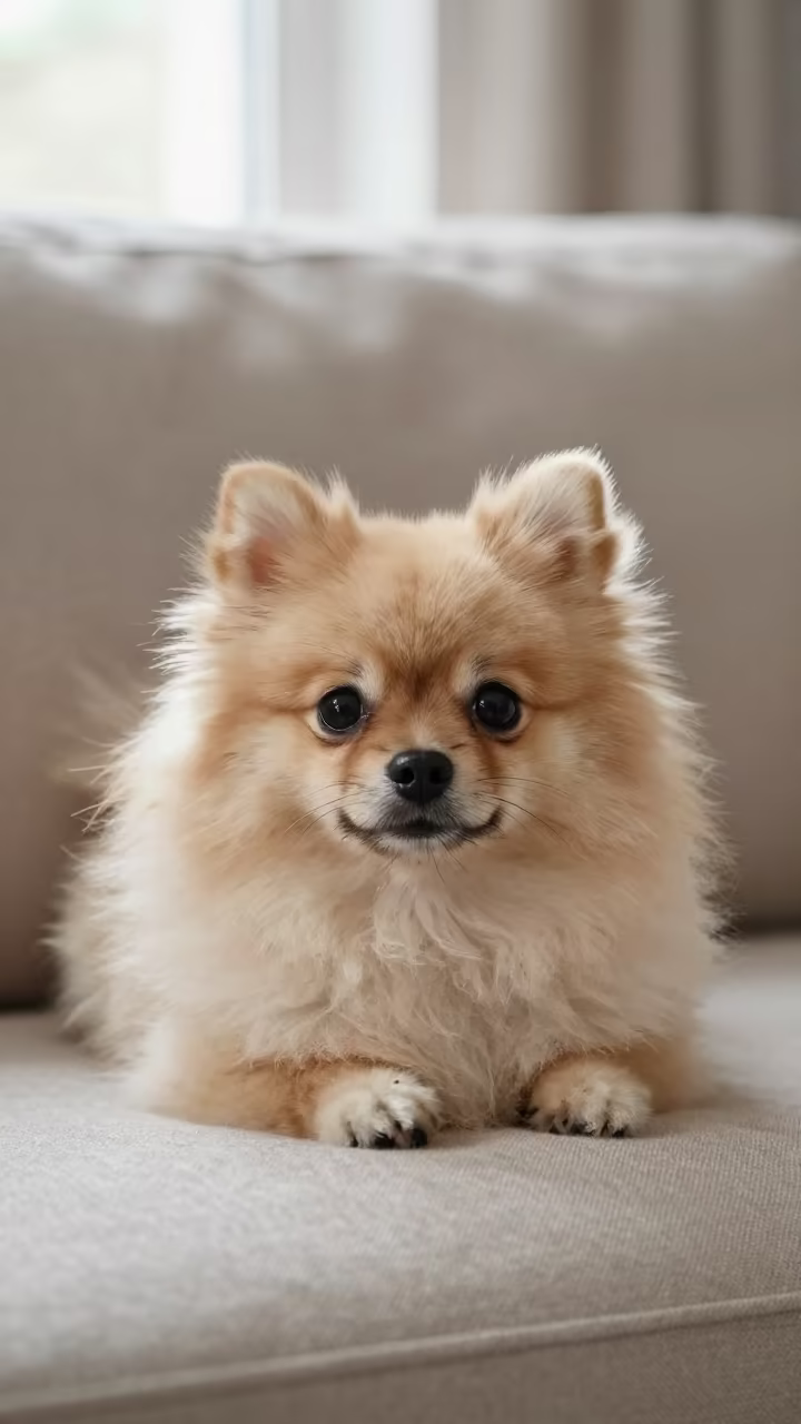 Pomeranian Resting on Linen Sofa in Gütersloh in on a linen sofa with daylight from a nearby window in Gütersloh