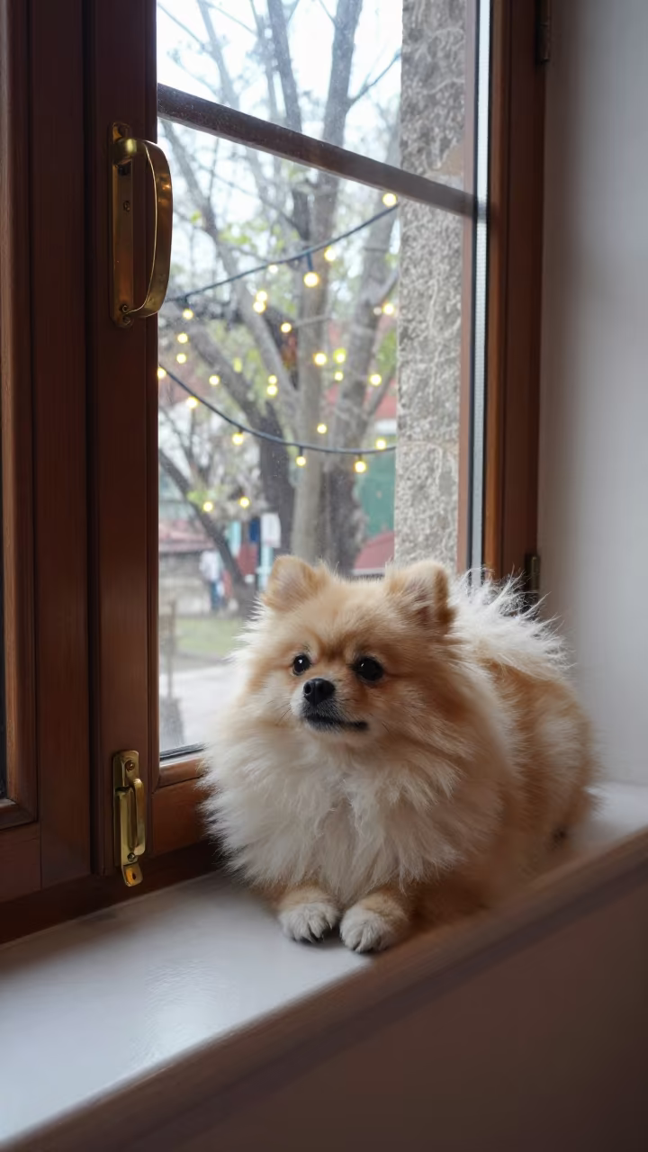 Pomeranian Resting on Window Seat Midnight in on a window seat in a quiet apartment with soft side light near Culiacán