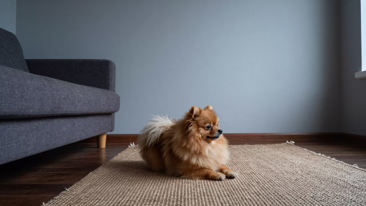 Pomeranian Resting on Woven Rug in Cabinda Home in on a woven rug beside a low couch and an uncluttered wall in Cabinda