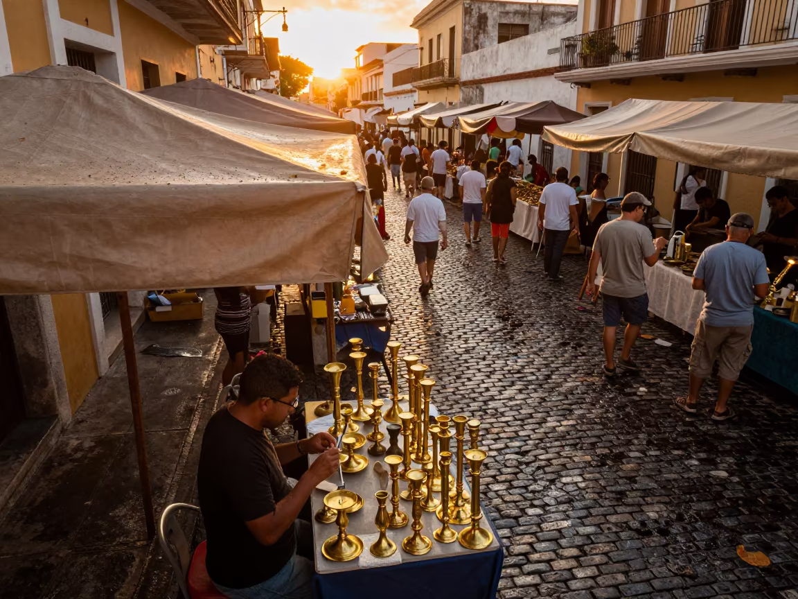 Ponce Vendor Polishing Brass Candlesticks at Sunset in in a flea market lane in Ponce