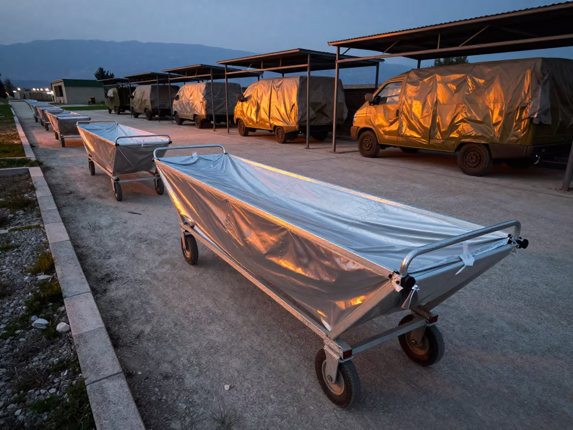 Poncho Liner Cart in Albanian Convoy Halt in beside a convoy halt on open ground in Albania