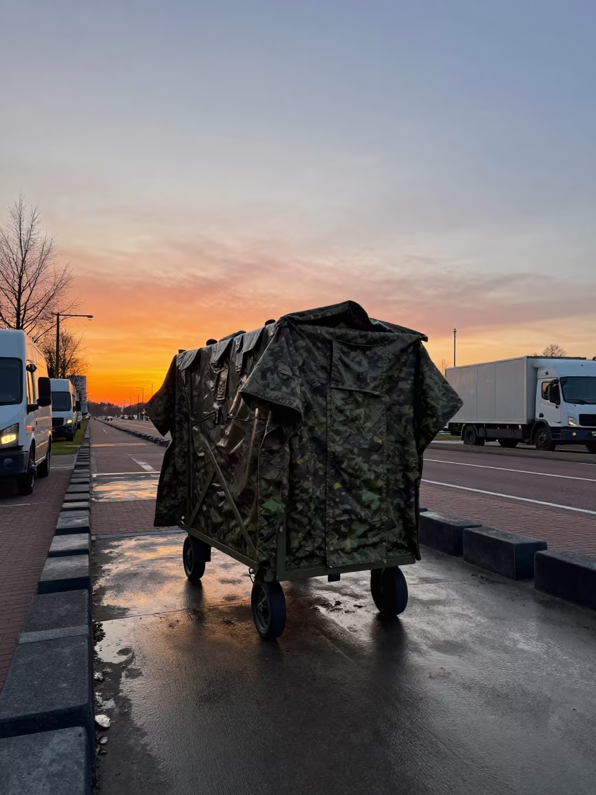 Poncho Liner Cart at Sunset in Amsterdam Streets in beside a convoy halt on open ground in Negen Straatjes, Amsterdam