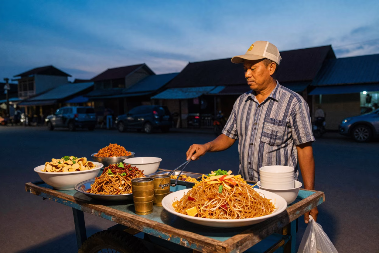 Pond Snacks in Phnom Penh at Indigo Twilight After Sunset in in Phnom Penh, Cambodia