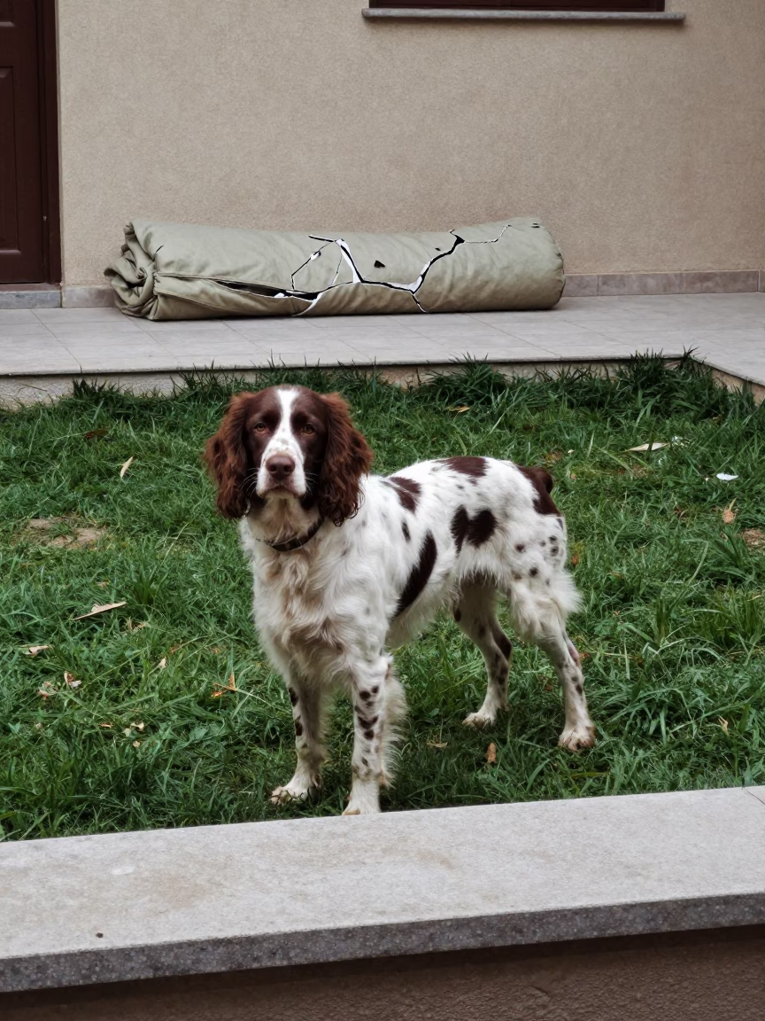 Pont-Audemer Spaniel in Erzincan Yard in in a small yard with clipped grass, calm light, and the animal centered in frame in Erzincan