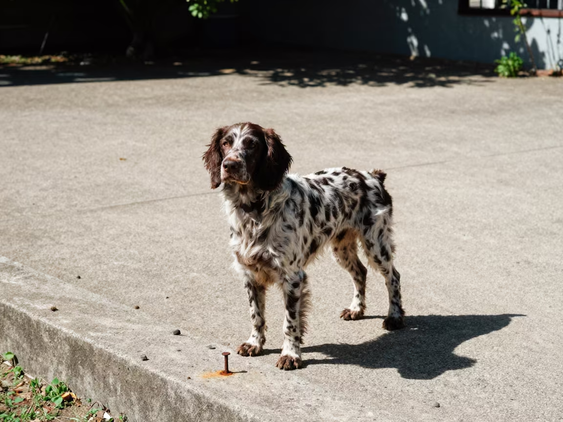 Pont-Audemer Spaniel in Fort-de-France Garden in near a garden edge with soft morning light and an uncluttered background in Fort-de-France