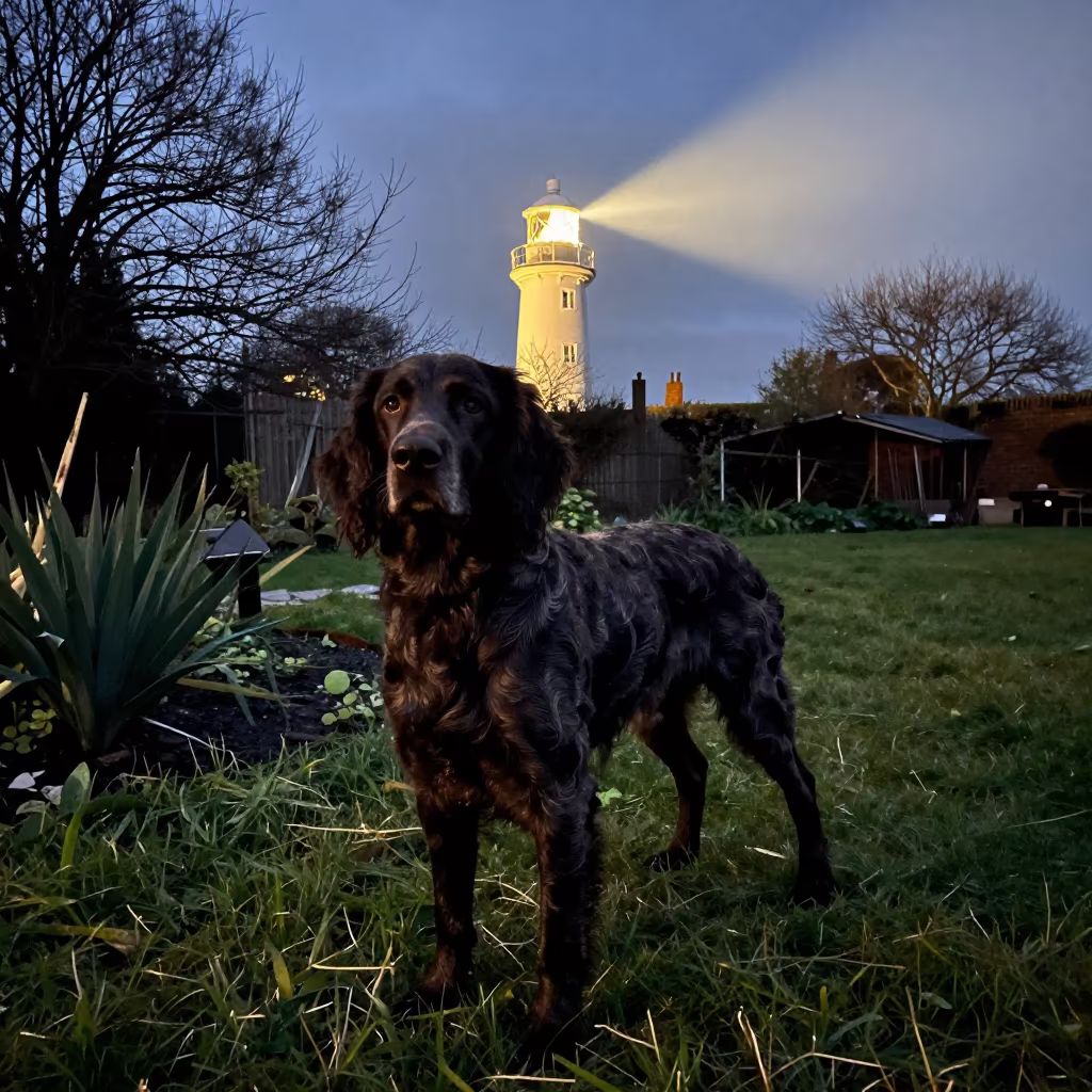 Pont-Audemer Spaniel in Predawn Garden Light in near a garden edge with soft morning light and an uncluttered background in Colchester