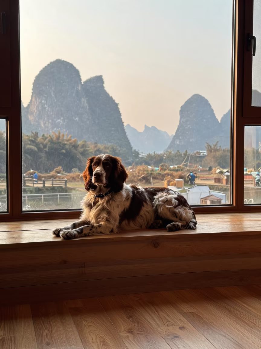 Pont-Audemer Spaniel on Window Seat in Yangshuo in on a window seat in a quiet apartment with soft side light in Yangshuo