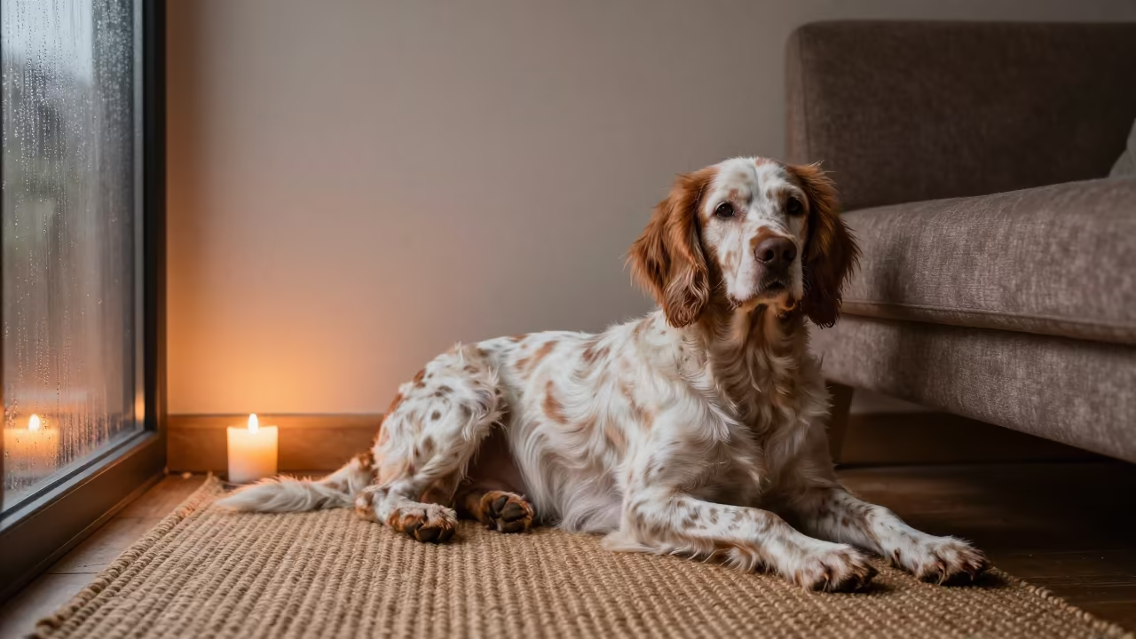 Pont-Audemer Spaniel on Woven Rug by Lome Couch in on a woven rug beside a low couch and an uncluttered wall near Lome