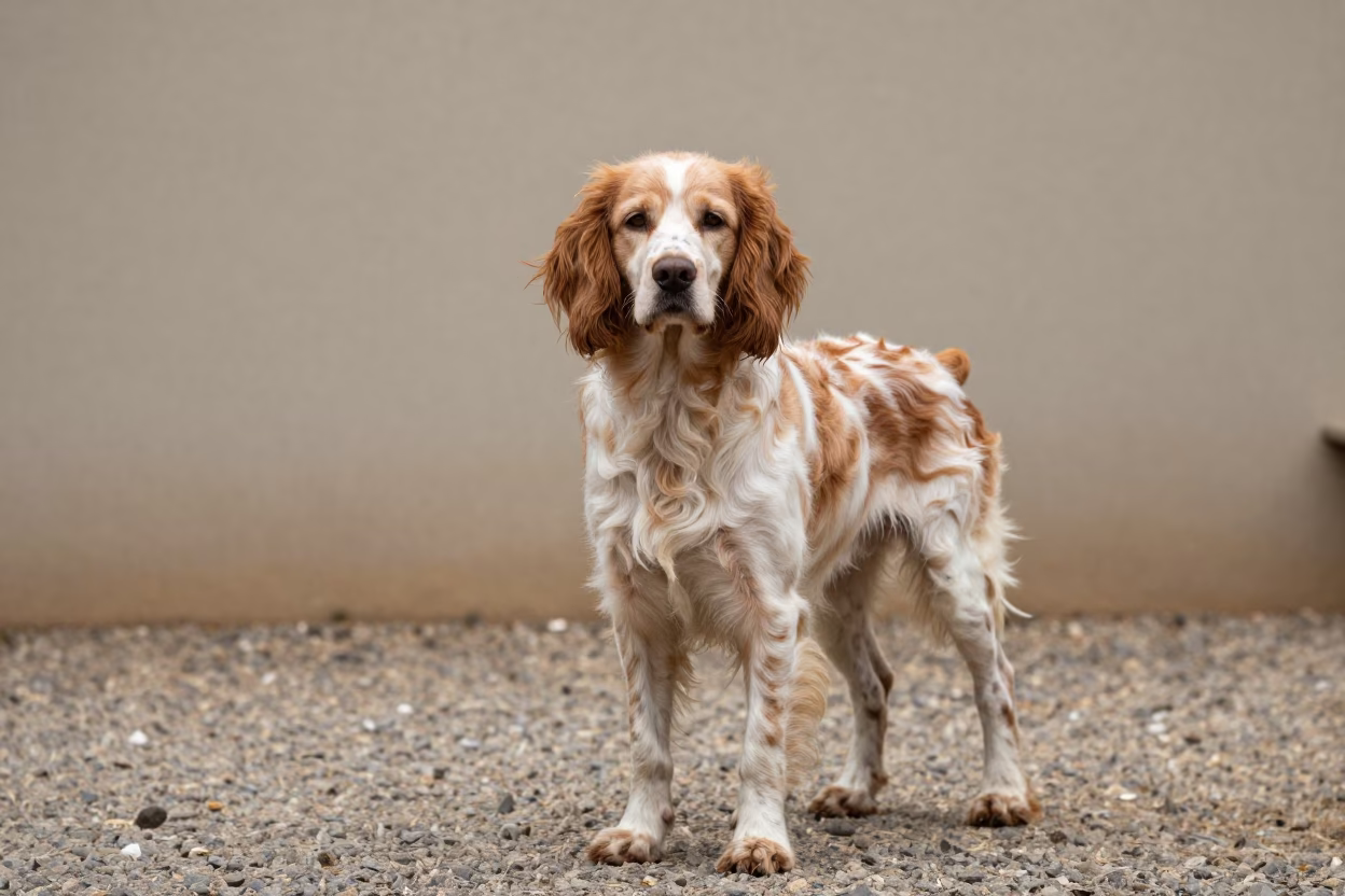Pont-Audemer Spaniel Portrait Beside Nairobi Wall in beside a plain courtyard wall in clear daylight with the animal at eye level in Nairobi