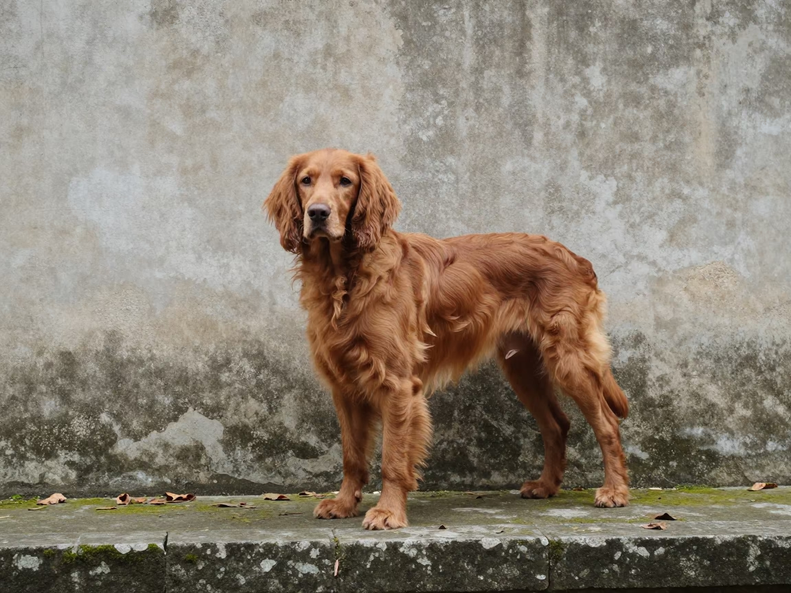 Pont-Audemer Spaniel Portrait in Brampton Courtyard in beside a plain courtyard wall in clear daylight with the animal at eye level near Brampton