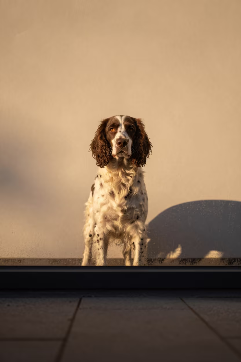 Pont-Audemer Spaniel Portrait in London Winter Light in beside a plain plaster wall in soft indoor light with the animal centered in frame in South Bank, London