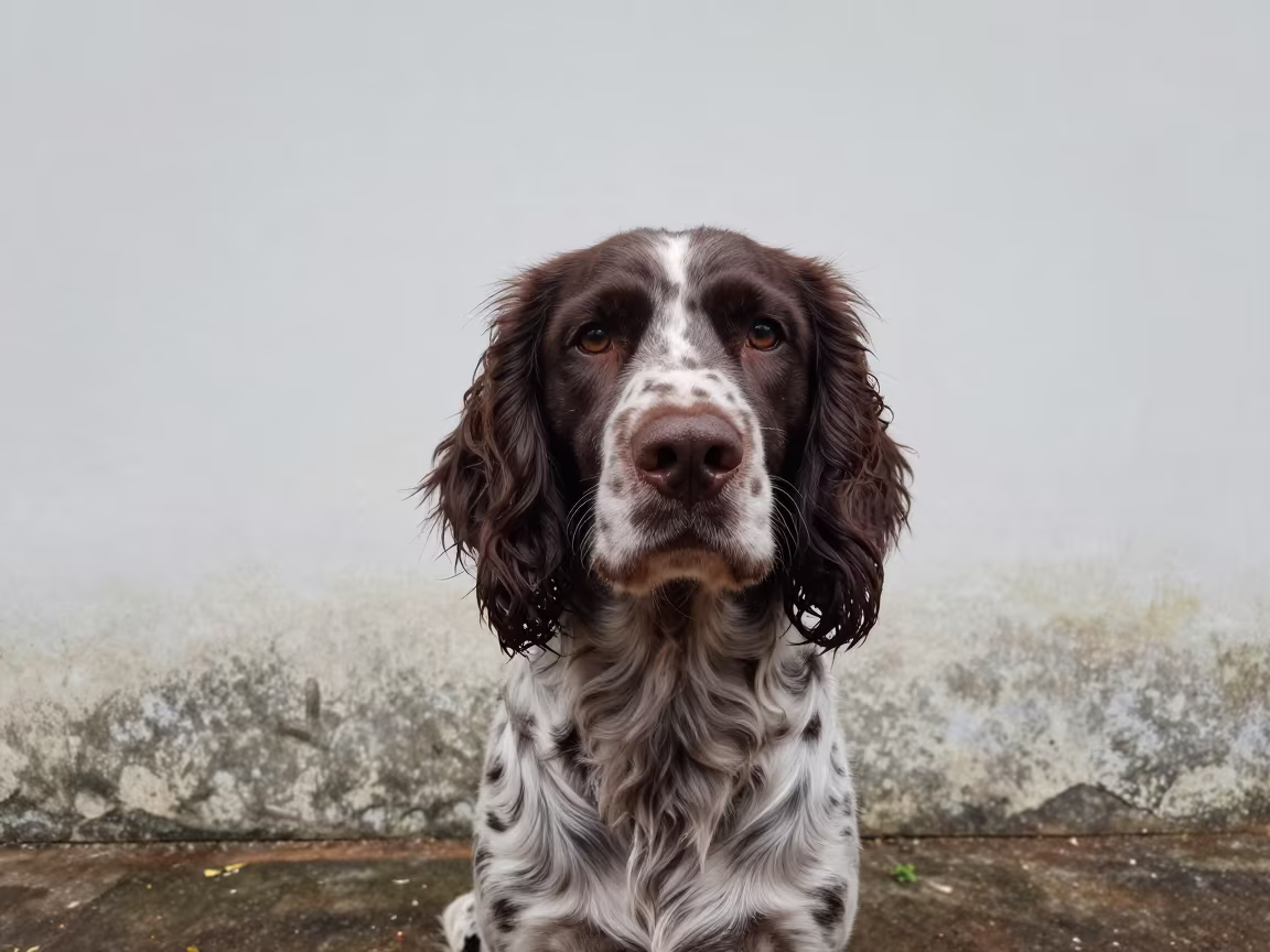 Pont-Audemer Spaniel Portrait in Phrae Courtyard in beside a plain courtyard wall in clear daylight with the animal at eye level near Phrae