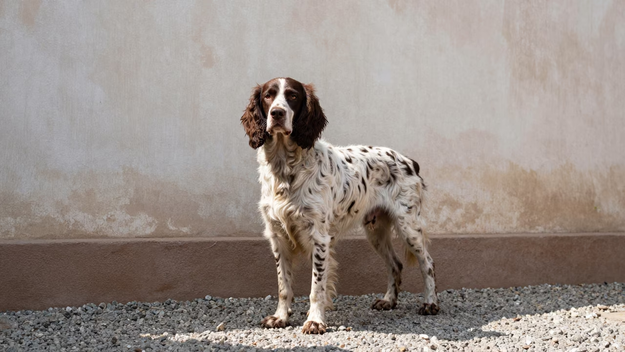 Pont-Audemer Spaniel Portrait in Rawalpindi Courtyard in beside a plain courtyard wall in clear daylight with the animal at eye level in Rawalpindi