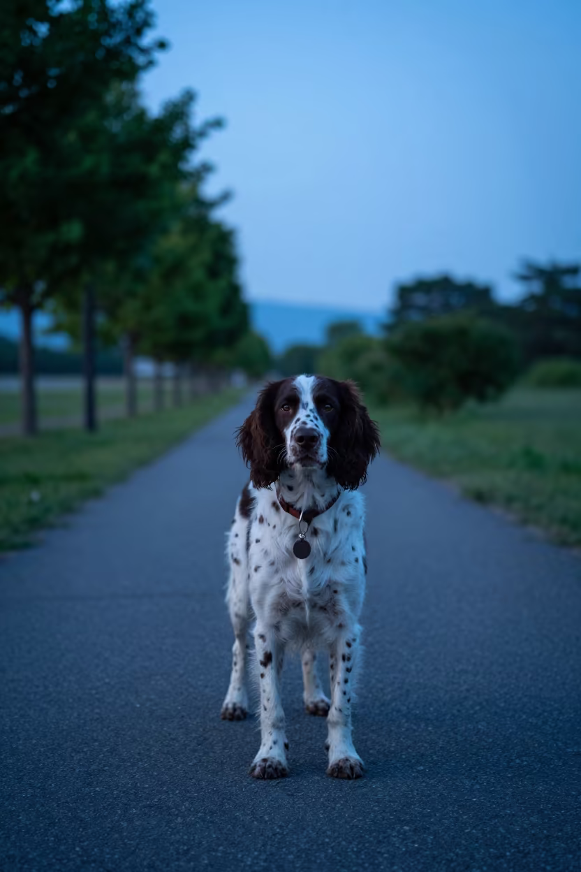 Pont-Audemer Spaniel Portrait in Sendai Twilight in along a quiet park path with soft open shade and a clean background near Sendai