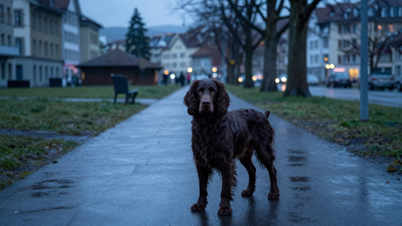 Pont-Audemer Spaniel Portrait in Winter Zurich Rain in along a quiet park path with soft open shade and a clean background near Langstrasse, Zurich