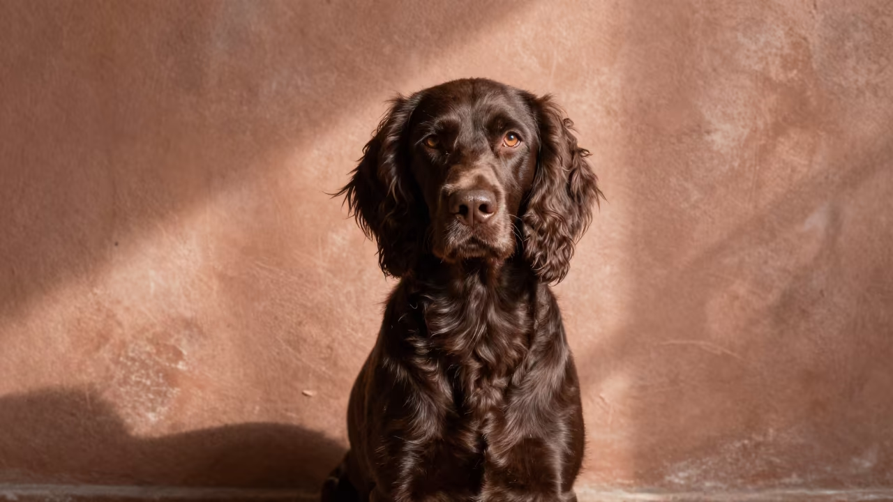 Pont Audemer Spaniel Portrait Mexico City in beside a plain plaster wall in soft indoor light with the animal centered in frame in Mexico City