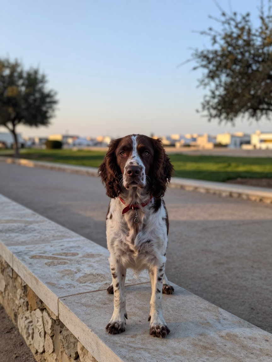 Pont-Audemer Spaniel Portrait New Borg El Arab Park in along a quiet park path with soft open shade and a clean background near New Borg El Arab