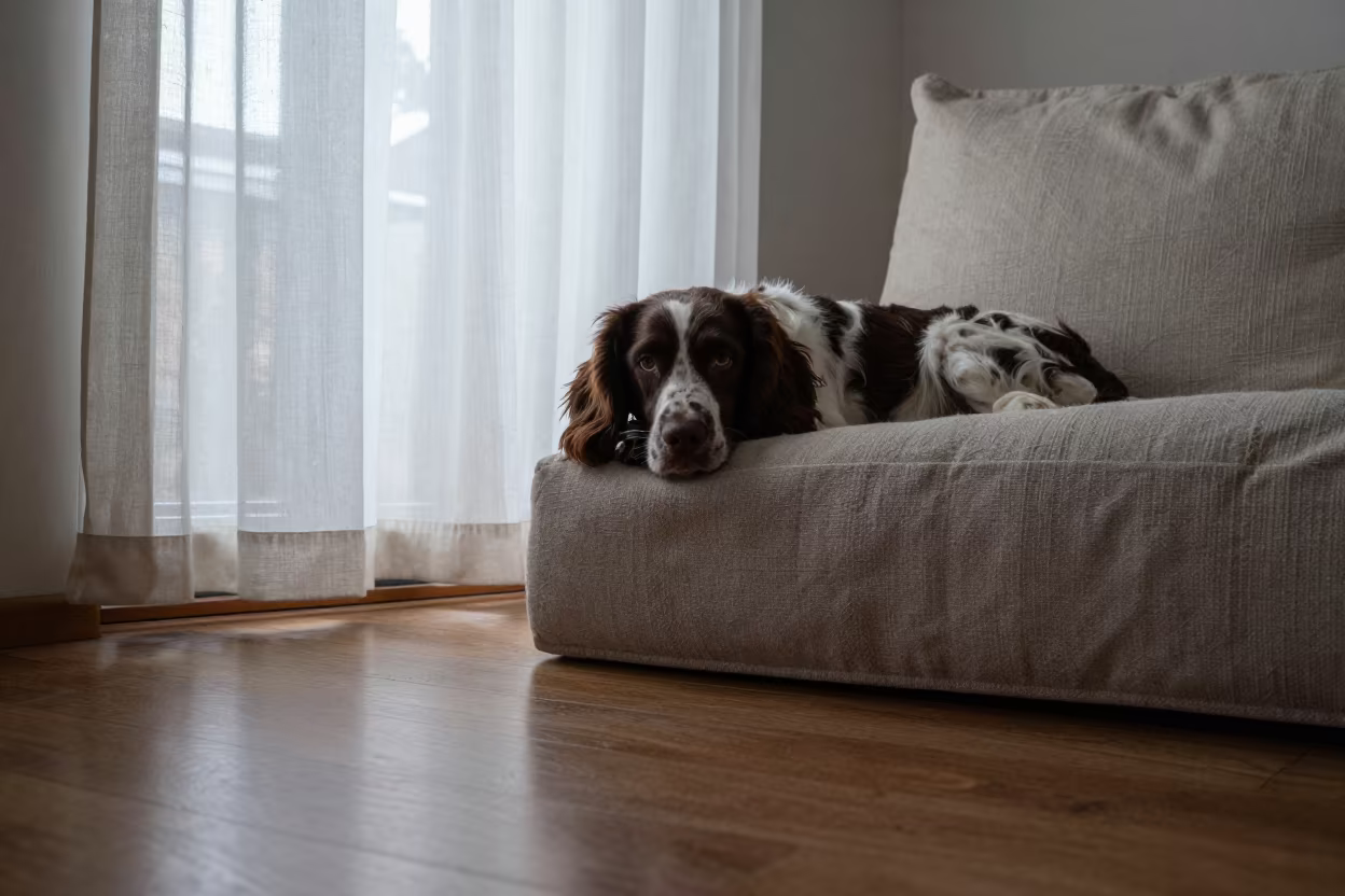 Pont Audemer Spaniel Resting on Linen Sofa in on a linen sofa with daylight from a nearby window in Veracruz