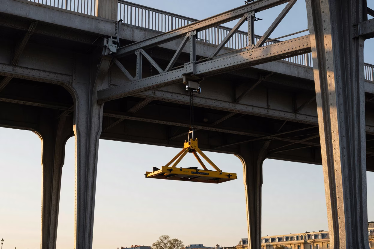 Pont De Bir-Hakeim Bridge Maintenance Cradle Hanging Above The Seine River in Paris in in Paris, France