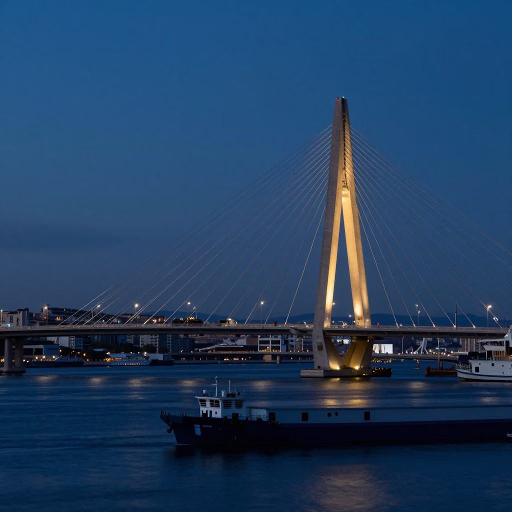 Pont De Friche Cable-Stayed Bridge Illuminated in Marseille in in Marseille, France