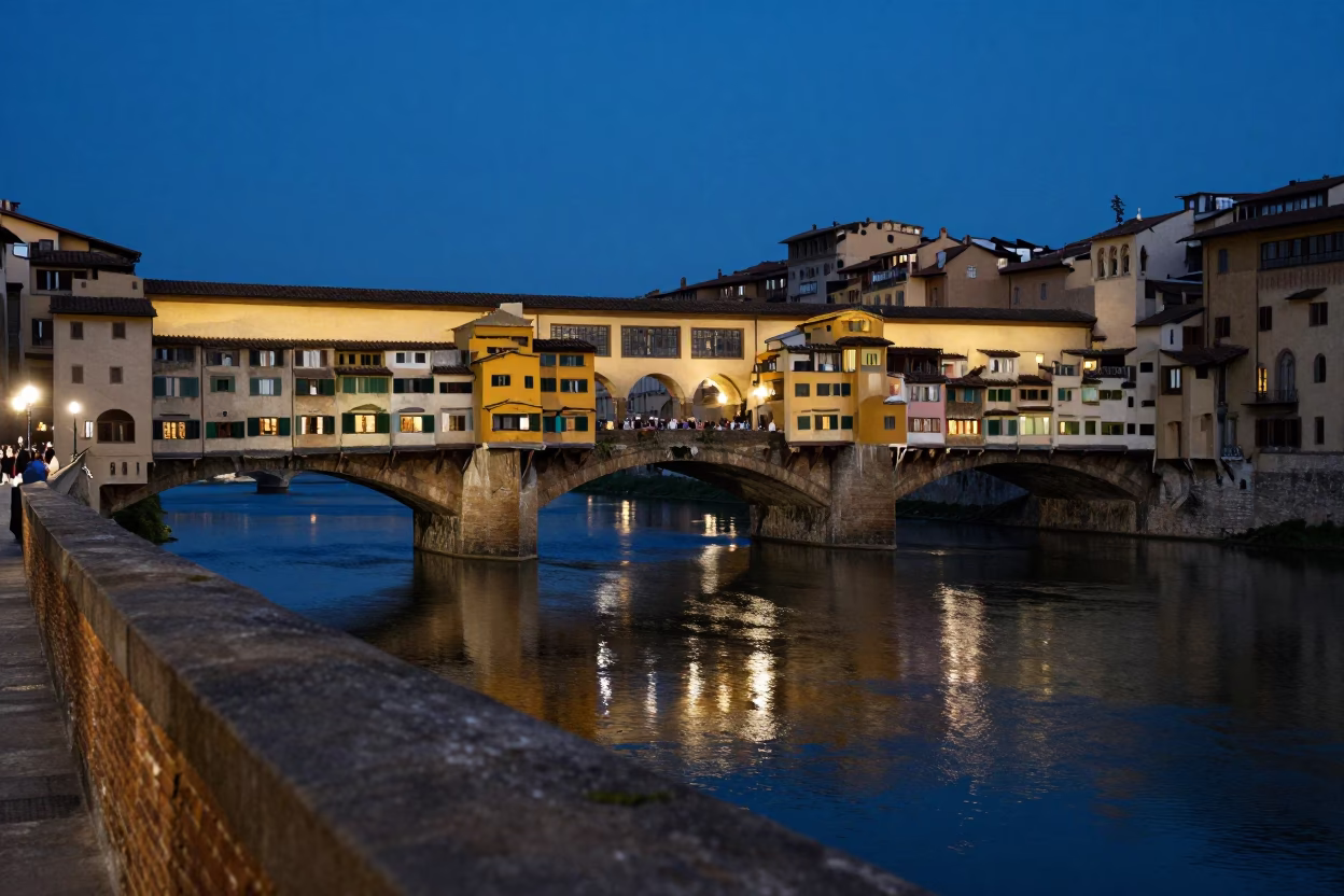 Ponte Vecchio And Arno River From Stone Balcony in Florence in in Florence, Italy