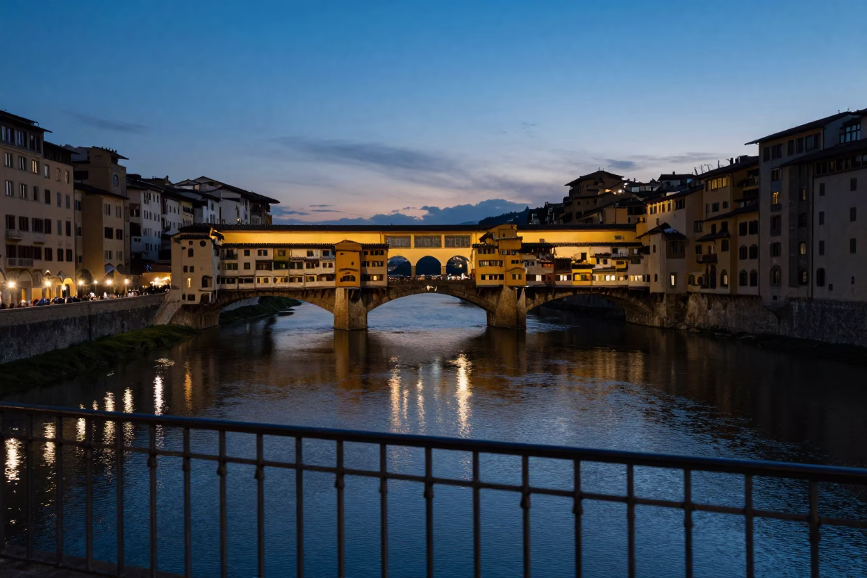 Ponte Vecchio And Arno River in Florence at Twilight in in Florence, Italy