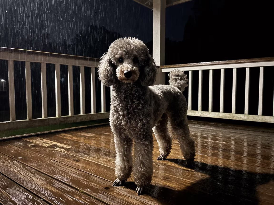 Poodle in Rain on Abidjan Porch in on a shaded front porch with boards, railings, and eye-level framing near Abidjan