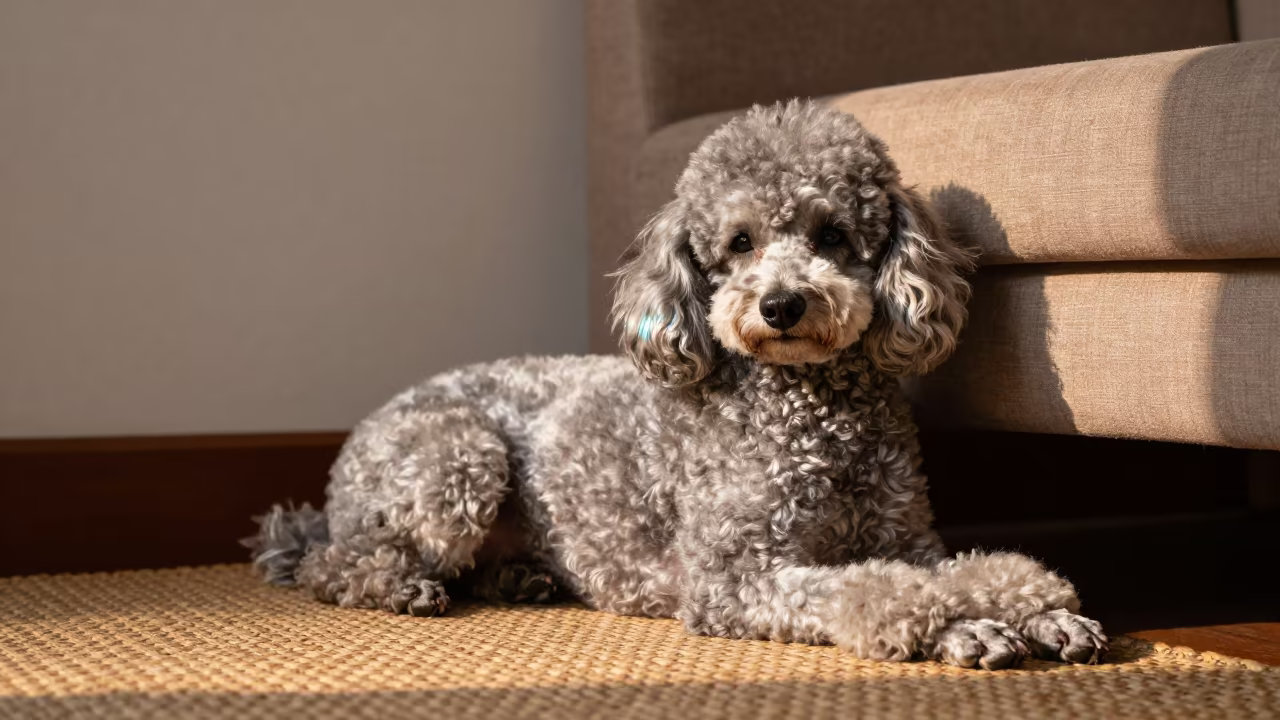 Poodle on Rug in Chiang Mai Home in on a woven rug beside a low couch and an uncluttered wall near Santitham, Chiang Mai