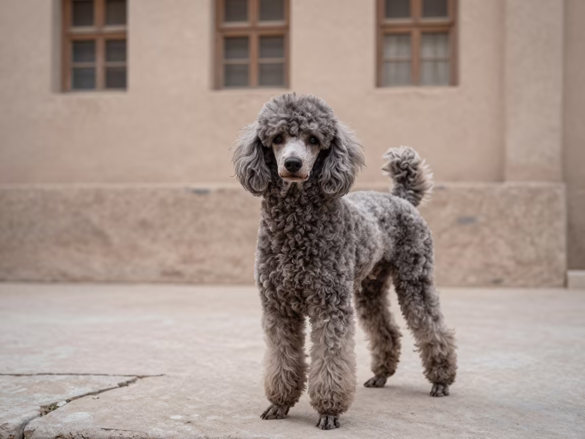 Poodle Portrait Al Diwaniyah Courtyard Wall in beside a plain courtyard wall in clear daylight with the animal at eye level in Al Diwaniyah