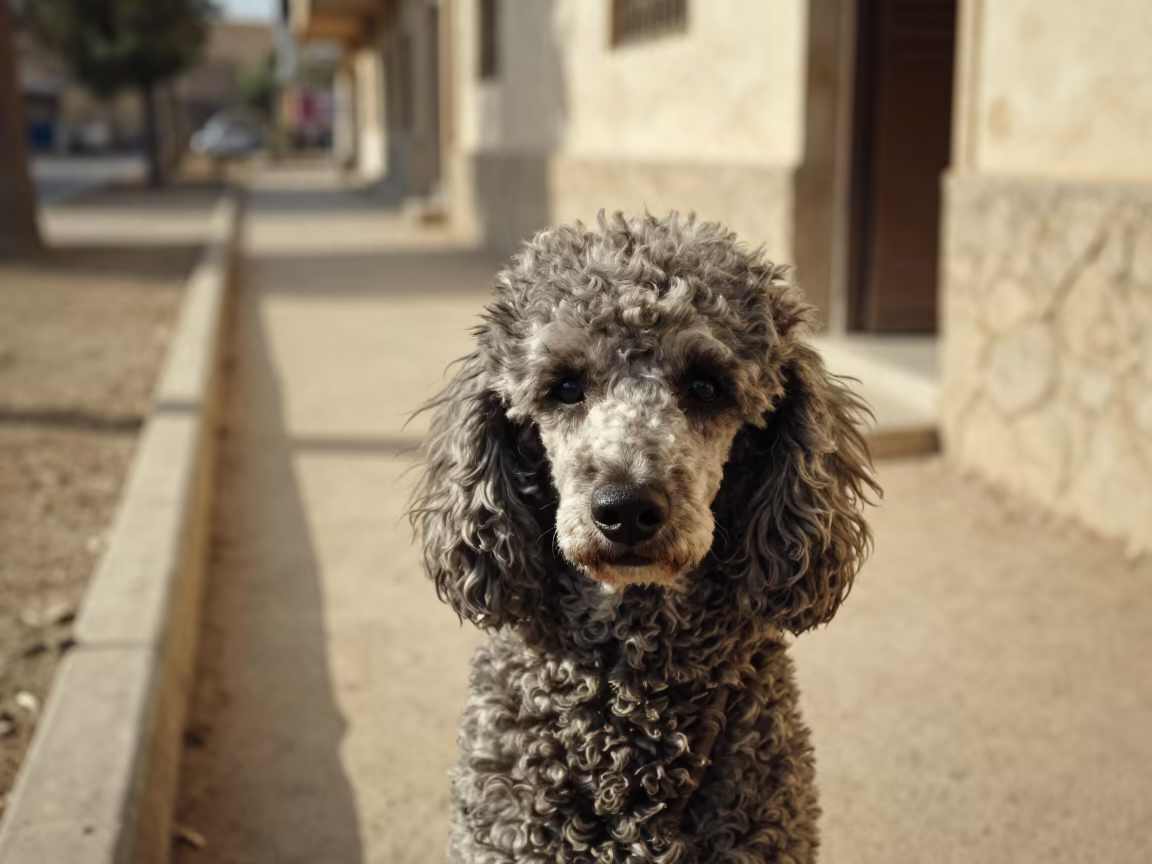 Poodle Portrait Along Quiet Park Path in along a quiet park path with soft open shade and a clean background near Mosul