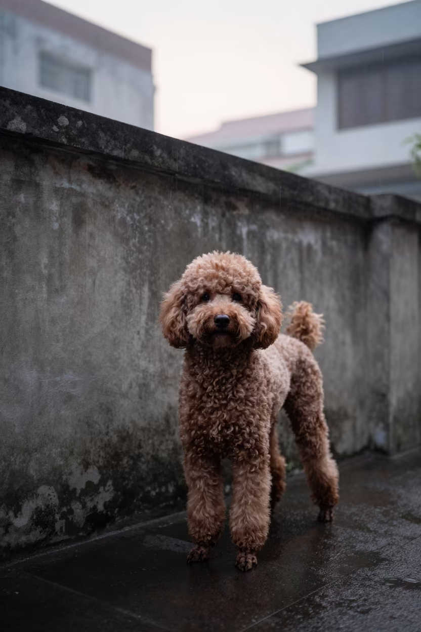 Poodle Portrait at Dawn Beside Ho Chi Minh Wall in beside a plain courtyard wall in clear daylight with the animal at eye level near District 4, Ho Chi Minh City