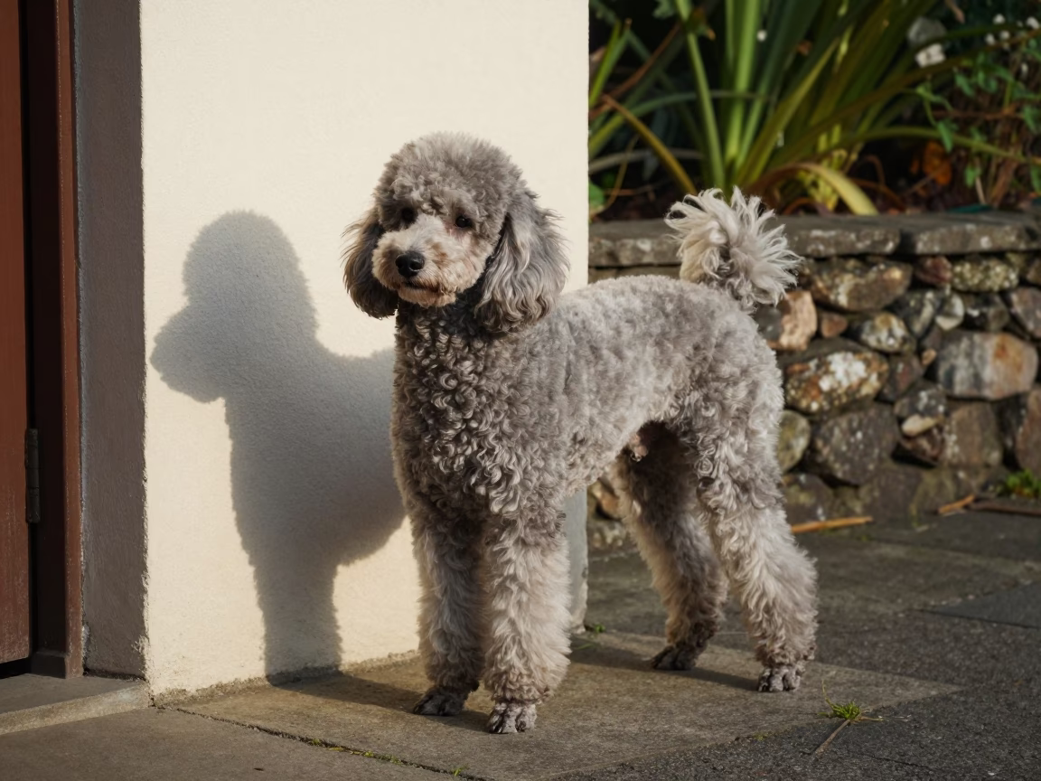 Poodle Portrait at Garden Edge Morning Light in near a garden edge with soft morning light and an uncluttered background near Leon