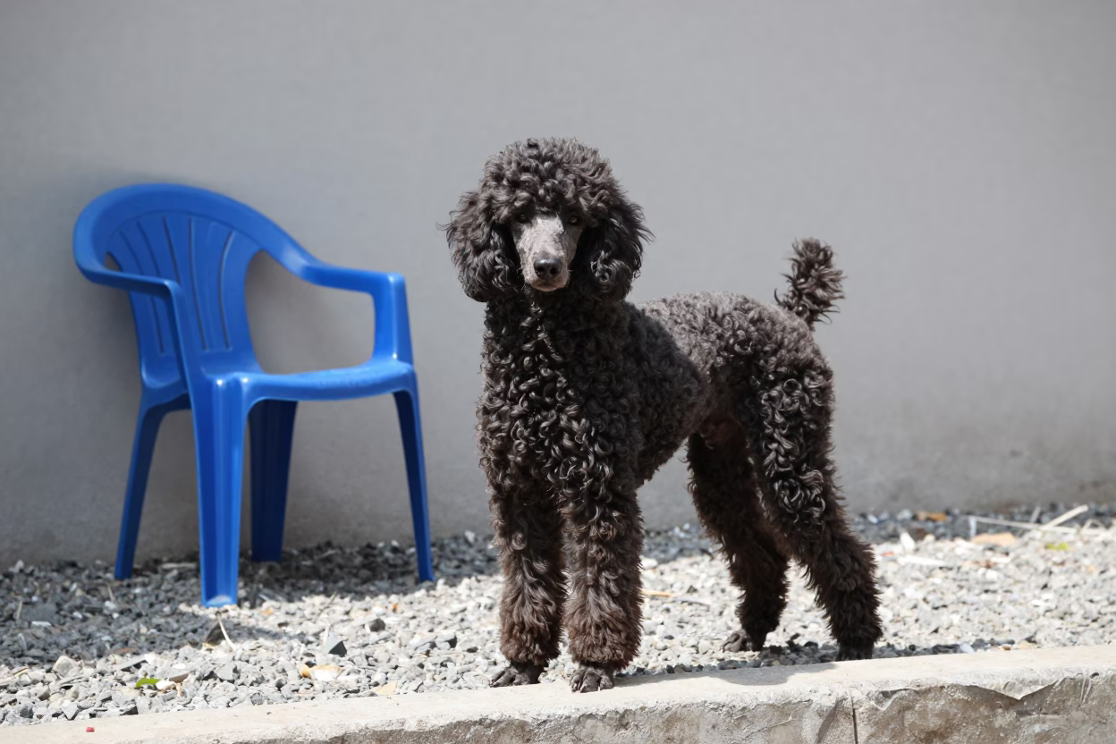 Poodle Portrait Beside Courtyard Wall in Cumilla in beside a plain courtyard wall in clear daylight with the animal at eye level near Cumilla