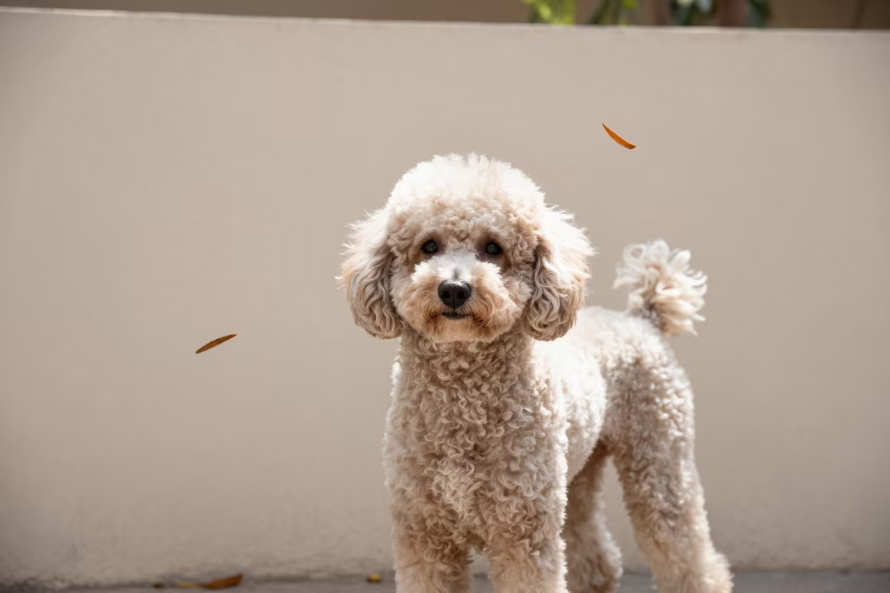 Poodle Portrait Beside Courtyard Wall in Midday Light in beside a plain courtyard wall in clear daylight with the animal at eye level in Hisar