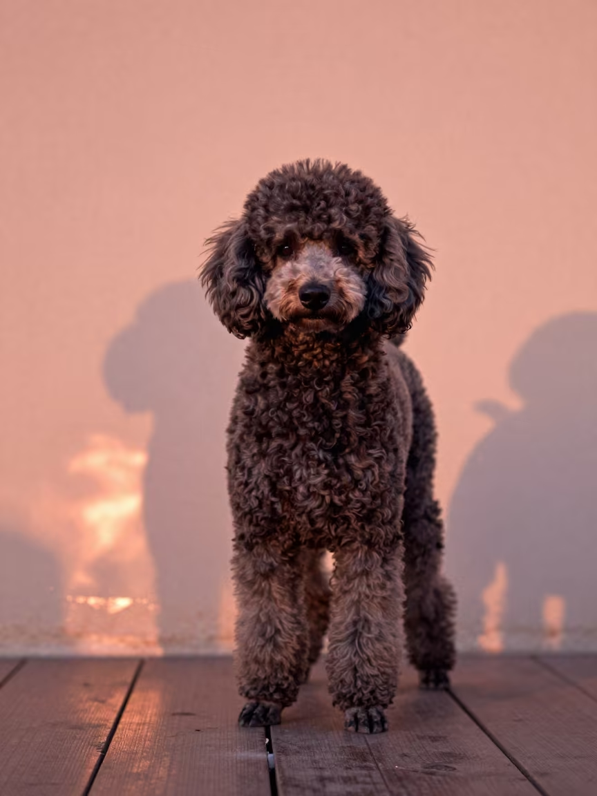 Poodle Portrait Beside Plaster Wall in Maarif in beside a plain plaster wall in soft indoor light with the animal centered in frame in Maarif, Casablanca