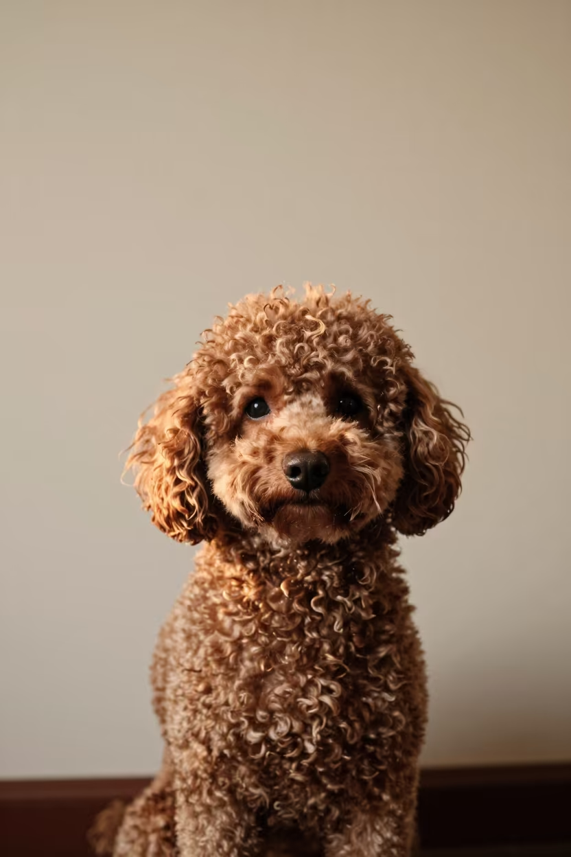 Poodle Portrait Beside Plaster Wall in Soft Light in beside a plain plaster wall in soft indoor light with the animal centered in frame near Punto Fijo