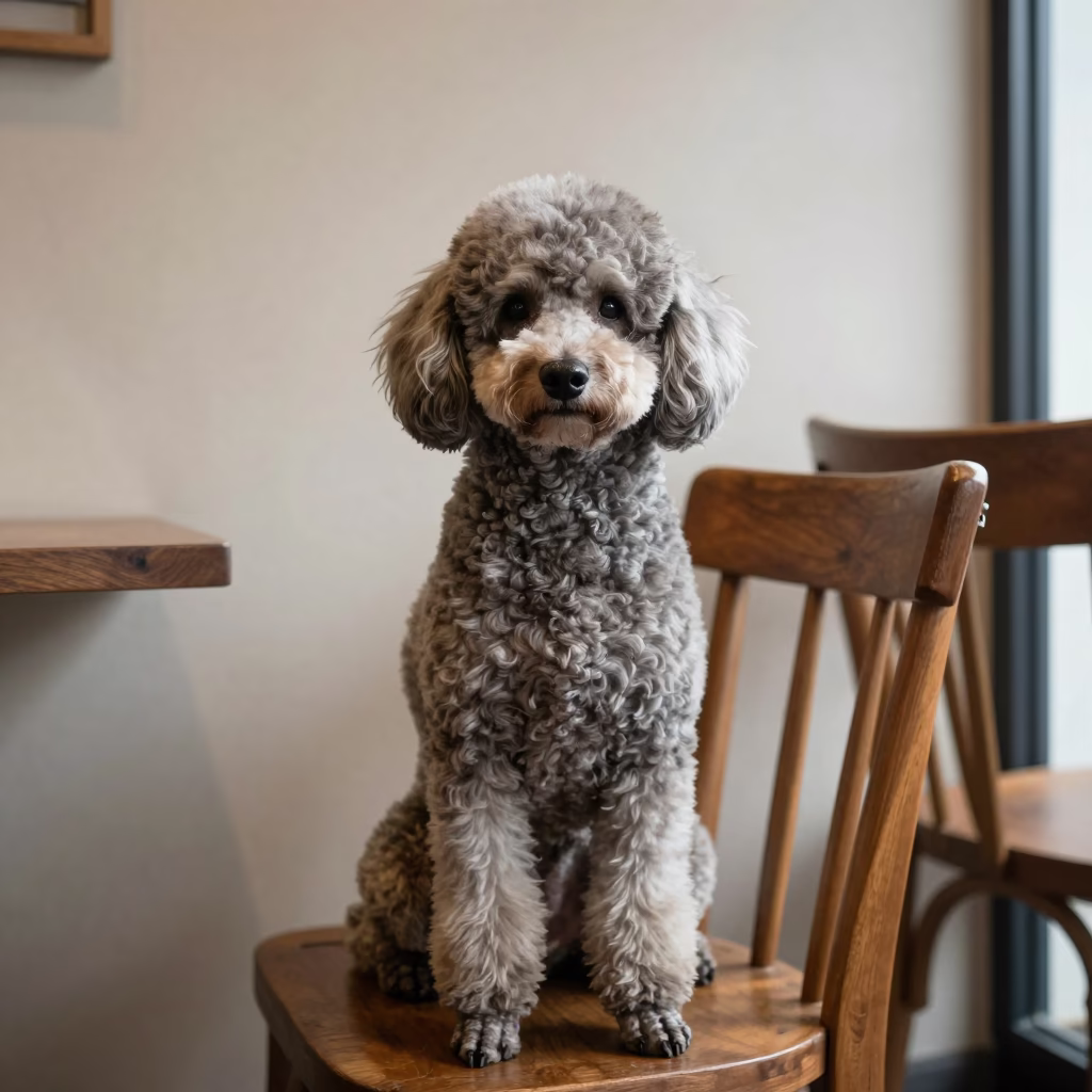 Poodle Portrait Beside Plaster Wall in Tamale in beside a plain plaster wall in soft indoor light with the animal centered in frame in Tamale