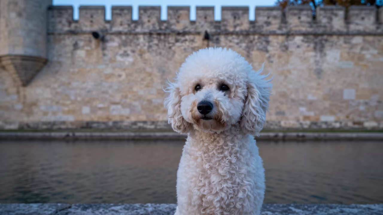 Poodle Portrait by Avignon Courtyard Wall in beside a plain courtyard wall in clear daylight with the animal at eye level near Avignon