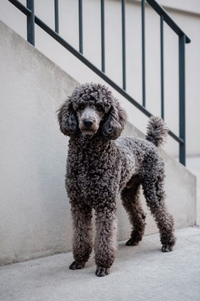 Poodle Portrait by Courtyard Wall in Katowice in beside a plain courtyard wall in clear daylight with the animal at eye level in Katowice