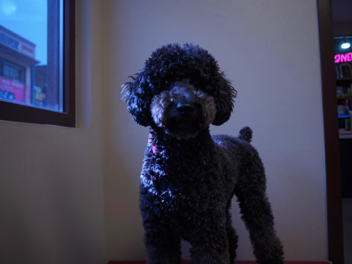 Poodle Portrait by Plaster Wall in Indigo Light in beside a plain plaster wall in soft indoor light with the animal centered in frame near N'Djamena