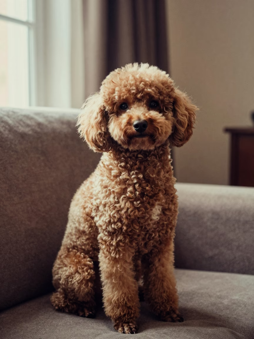 Poodle Portrait by Window in Sloviansk Home in on a sofa near a curtained window with calm indoor light in Sloviansk