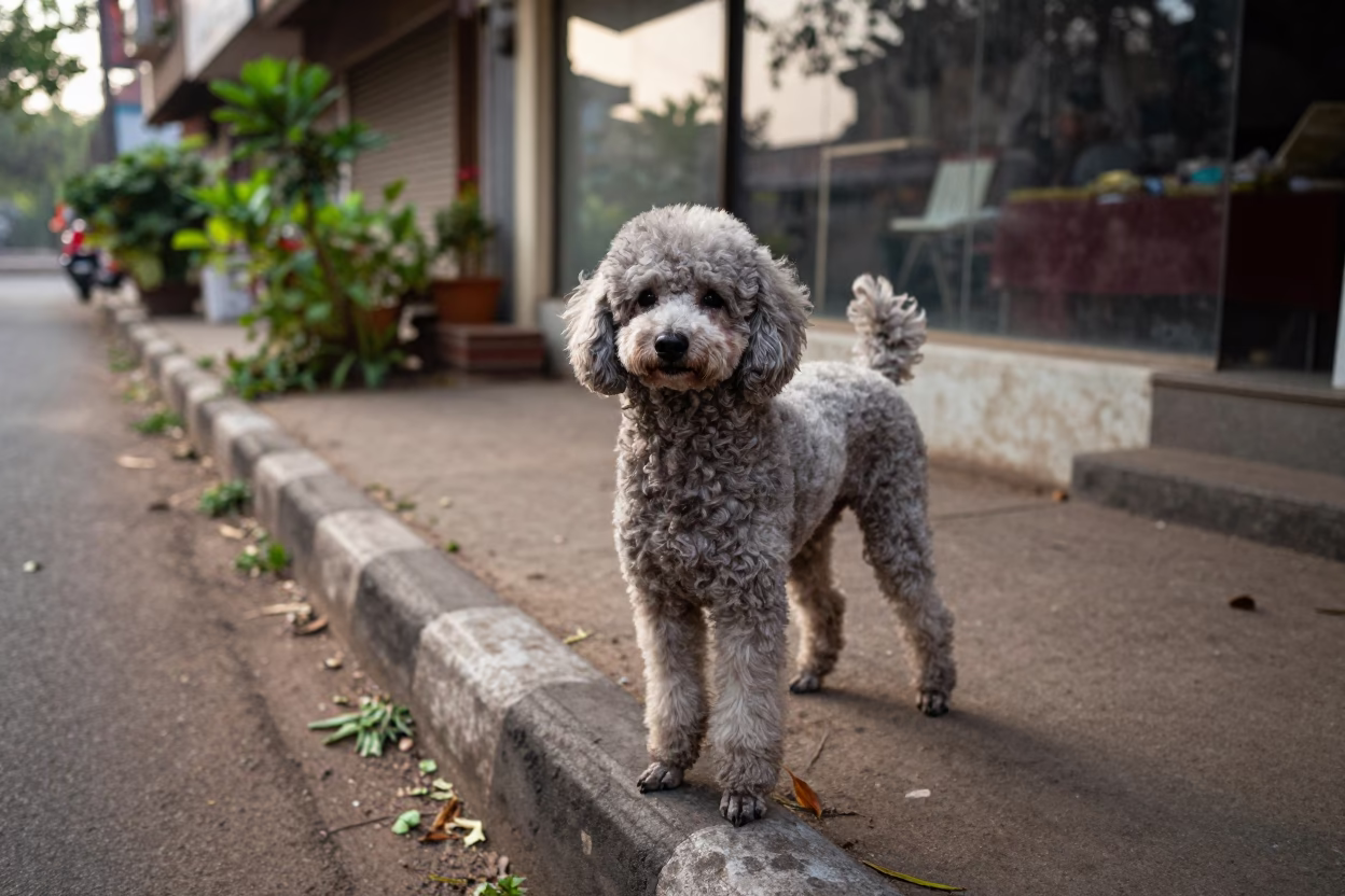 Poodle Portrait Garden Edge Mumbai Morning in near a garden edge with soft morning light and an uncluttered background in Fort, Mumbai