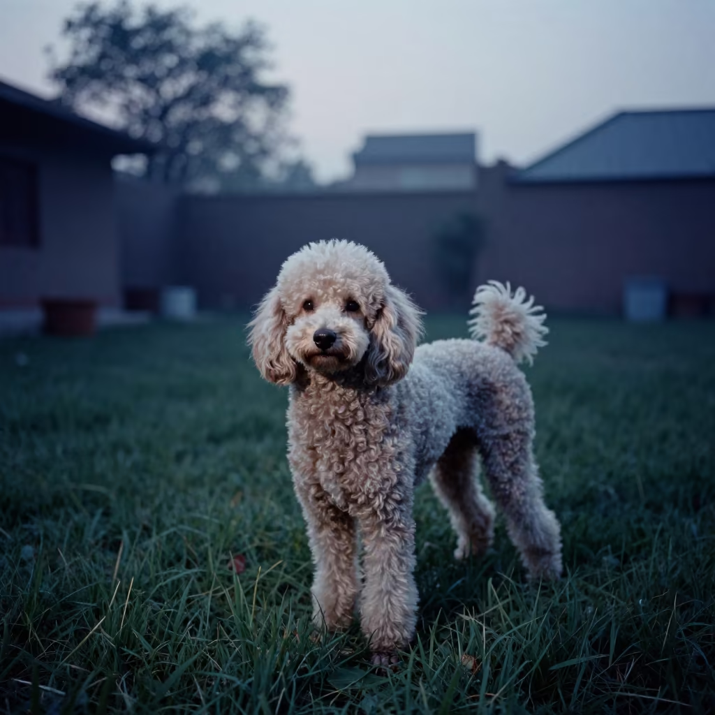 Poodle Portrait in Aligarh Twilight Yard in in a small yard with clipped grass, calm light, and the animal centered in frame in Aligarh