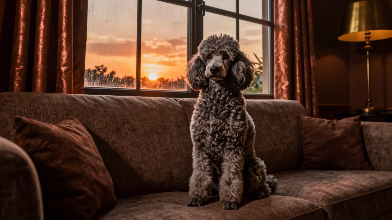 Poodle Portrait in Amber Sunset Light Near Window in on a sofa near a curtained window with calm indoor light near Hadejia
