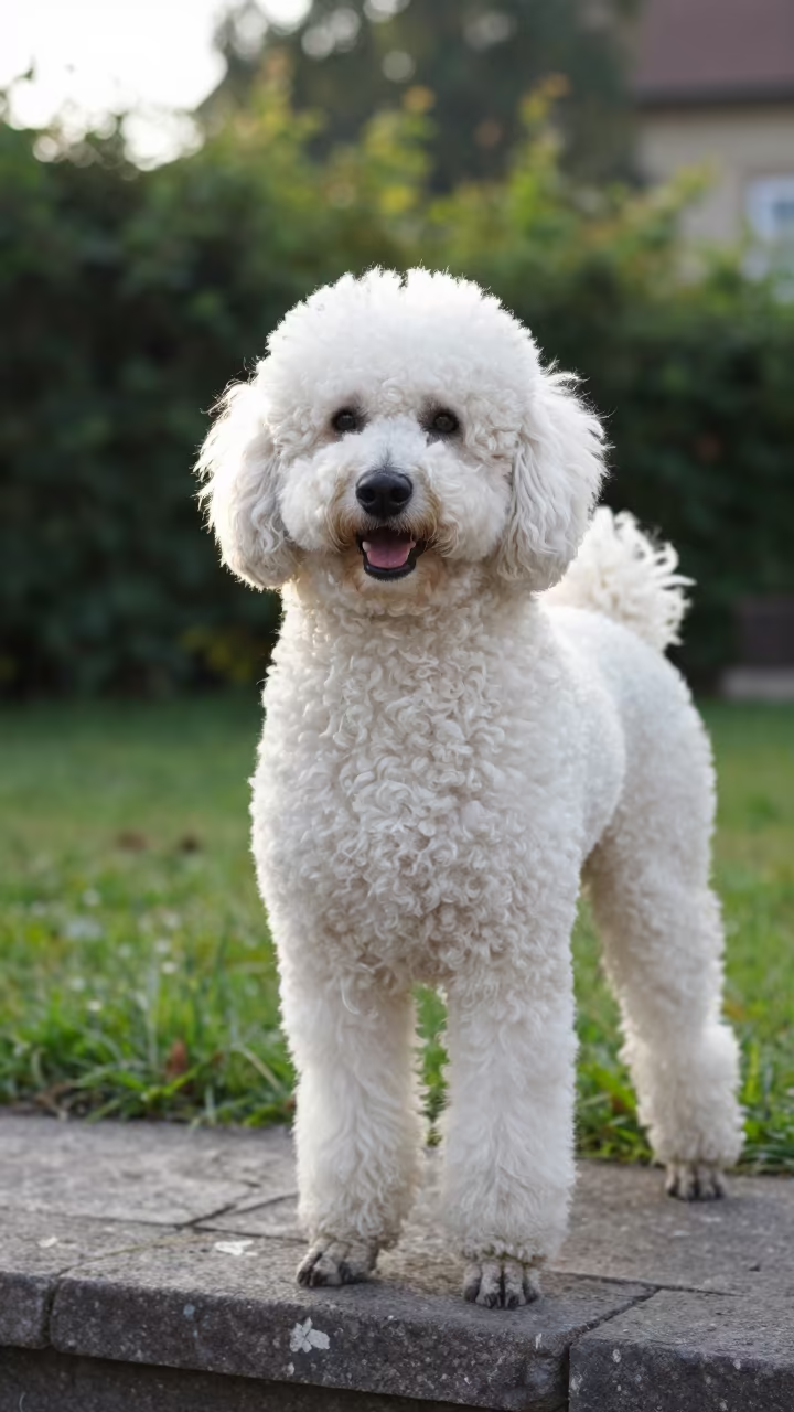 Poodle Portrait in Brasov Garden Morning Light in near a garden edge with soft morning light and an uncluttered background in Brasov