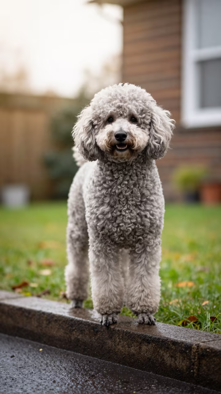 Poodle Portrait in Brighton Midsummer Drizzle in in a small yard with clipped grass, calm light, and the animal centered in frame in Brighton and Hove