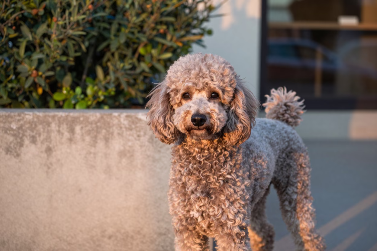 Poodle Portrait in Cali Garden Morning Light in near a garden edge with soft morning light and an uncluttered background in Cali