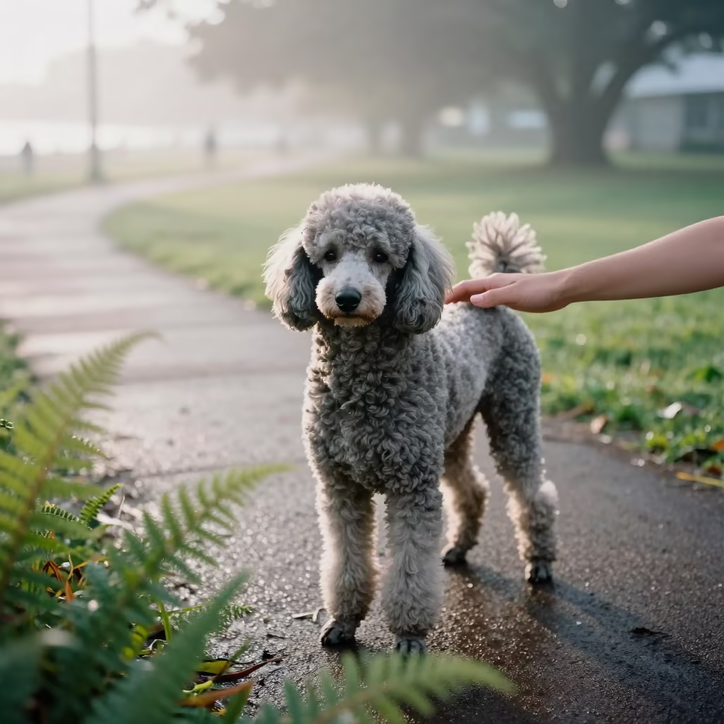 Poodle Portrait in Coastal Park Shade in along a quiet park path with soft open shade and a clean background near Matanzas